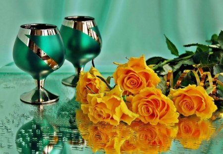 TANTALISING TURQUOISE - reflections, roses, goblets, flowers, yellow roses, green, aquamarine, glass, shine