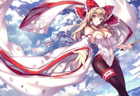 Hakurei Reimu - breasts, wrist cuffs, female, long hair, touhou, pantyhose, hakurei reimu, sky, twin tails, anime girl, thigh strap, hot, blush, blonde hair, cool, petals, hair bow, cloud, hair tubes, sexy