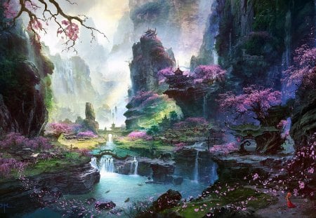 Fantastic World - anime, nature, waterfall, cherry blossom, beautiful, girl, fantastic world, forest