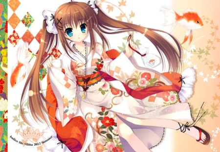 Kawaii - anime, female, kawaii, girl, pigtails, kimono, ribbon, bow, fish