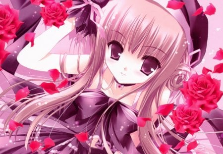 Kaitou Lilith - anime, female, girl, ribbon, kaitou lilith, long hair, flower, petals