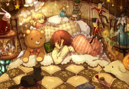 time to sleep - bed, pillows, girl, toys, books, animals