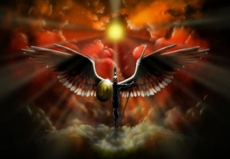 warrior_angel_Wallpaper - clouds, light, rays, wings