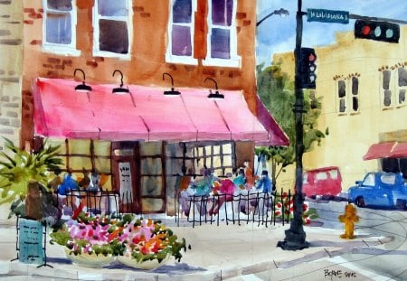 Watercolor - street, store, watercolor, painting, art