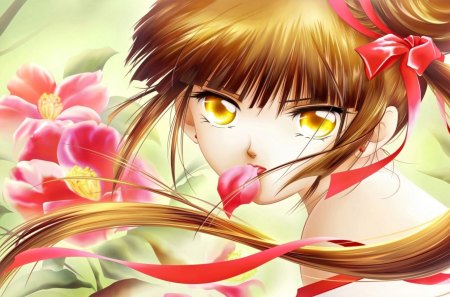 Pretty Anime Girl - anime, flowers, girl, pretty