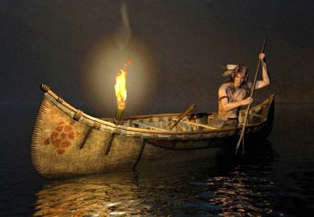 Night Fishing - spear, man, water, night, canoe, torch