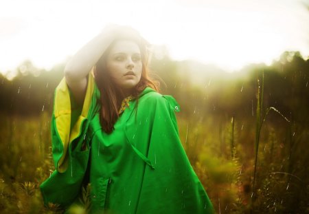 Still raining - raindrops, nature, beautiful girl, rain, eyes, beauty, grass, field