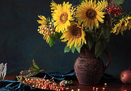 Still life - yellow, bouquet, flowers, apple, still life, fruit, vase