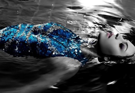 BLUE ~ GIRL IN WATER - beauty, sexy, girl, swimsuit, wp, water, bw, red lips, mica, duotone