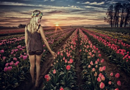 She Loves Tulips - tulips, woman, she, blonde, sun