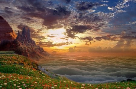 Partly heaven - mount, flower, sunset, nature