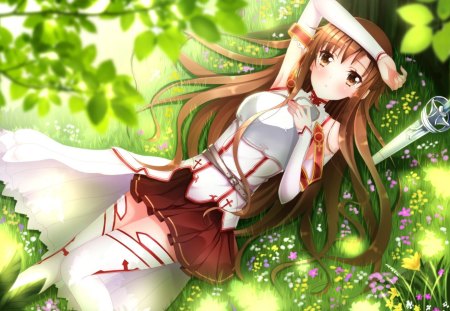 Yuuki Asuna - sword, yuuki asuna, blush, flower, hot, anime girl, grass, cool, thighhighs, brown hair, long hair, laying, skirt, brown eyes, sword art online, sexy, female, white legwear