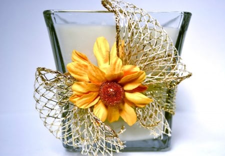 Joyful Home Decor♥ - yellow, forever, decor, candle, fashion, sunshine, joyful, entertainment, love, glass jar, home, golden mesh, sunflower, ribbon, bow