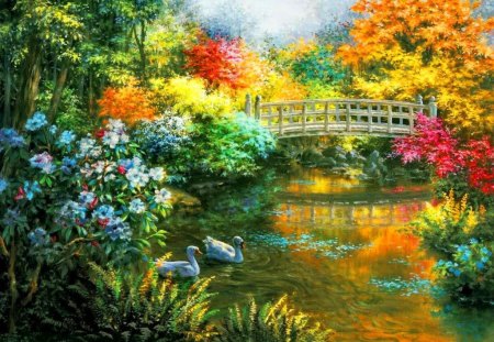 Forest bridge in autumn - pretty, summer, silence, splendor, bushes, stream, forest, reflection, leaves, calmness, flowers, riverbank, lake, nice, sky, clouds, trees, water, beautiful, lovely, colorful, river, nature, autumn, painting, serenity, ducks, peaceful, bridge