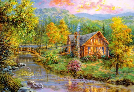 Peaceful grove - cottage, paradise, riverbank, colorful, creek, river, lowers, grass, strrean, mountain, hills, light, peaks, forest, beautiful, stones, cabin, nice, autumn, trees, peaceful, greenery, calm, painting, pretty, green, house, bridge, summer, lovely, serenity, picture, grove, colors