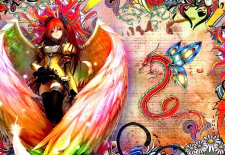 Angel Girl anime - red eyes, girl, angel, beautiful, dragon, red hair, cute