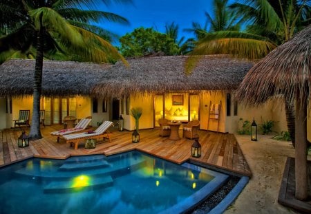 Time for relax - hut, tropics, straw, sunbed, chairs, time, evening, holiday, tropical, palm, beautiful, rest, cabin, nice, sky, hospitable, sofa, water, clear, mirrored, hotel, calm, pretty, house, relax, bungalow, maldives, palm trees, travel, night, lovely, exotic, luxury, pool, destination, lights