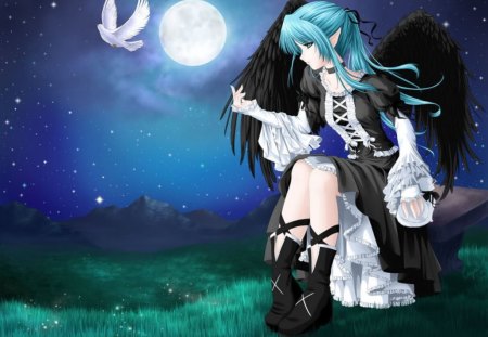 Pretty Anime - pigeon, girl, angel, night, green hair, sitting, darkness, full moon