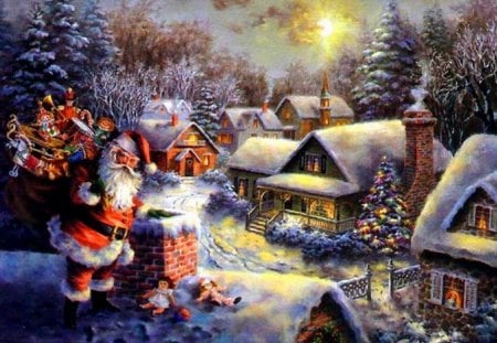 old saint nick - snow, trees, gifts, lights