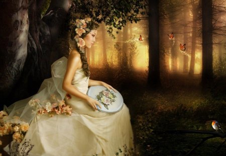 girl in forest with butterflies - flowers, trees, butterflies, light