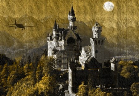 FLYING BY - moon, aircraft, forests, cities, artwork, flight, castles