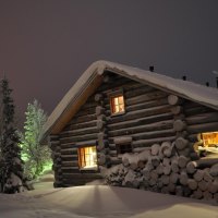 Quaint Winter Forest Log Cabin