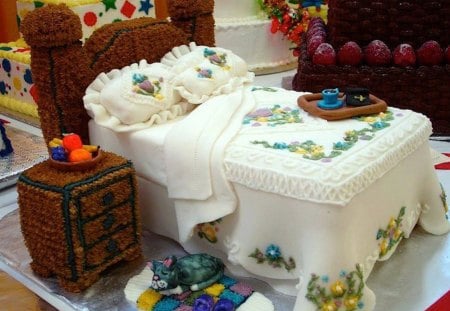 Pretty Bed Made from Cake!! - bed, cat, artisitic, cake, decorate, art, icing, frosting, bedroom, cute