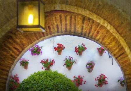 Decorated Patio Wall - stone, pots, light, wall, circle, hanging, flowers, plants