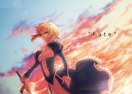 Saber - saber, sky, fate stay night, green eyes, blonde hair, clouds, weapon, anime, sword