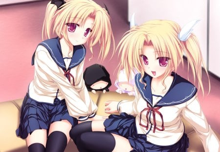 Reina Geminis and Nina Geminis - magus tale, white, reina geminis, anime school girl, blue, anime, nina geminis, anime girl