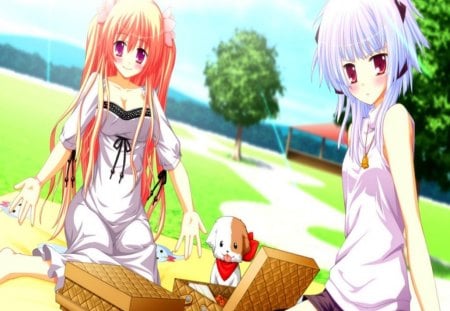 Sakura & Sayuki Kurobane Faving Picnic!!! :) - anime, sakura, kurobane, sunshine, picnic, sayuki, sweet, girls, cute, friends, puppy