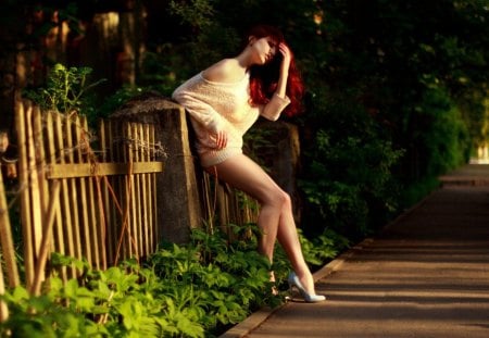 Exotic Beauty - fence, red, hair, beautiful, leaves, heels, flaming