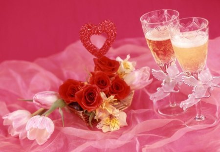 CUPID'S ARROW - love, roses, tulips, valentine, wine, still life, hearts, cupid, pink, red, angels, romance, tulle, ornaments