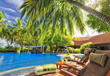 Under the palm shadow - nice, hut, sky, beach, tropics, sun, water, hotel, pleasant, wind, clouds, holiday, green, sunny, relax, bungalow, rays, ocean, summer, tropical, lovely, exotic, nature, chair, beautiful, rest, breeze, pool, sea, shadow