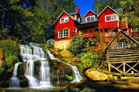 Rocks waterfall - pretty, summer, cabin, high, creek, stream, reflection, home, view, red, nice, sky, falling, house, trees, water, beautiful, mill, pond, lovely, stones, fall, nature, waterfall, rocks