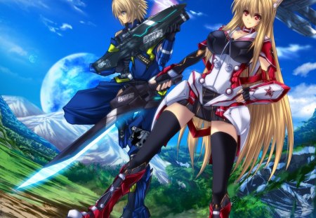 Phantasy Star Online - female, boots, planet, long hair, mountain, cat ears, armor, male, big breasts, phantasy star online, short, anime boy, sky, moon, anime girl, hot, gun, sword, thighhighs, blonde hair, cool, red eyes, smile, afin, cloud, black thighhighs, sexy, wiola magica