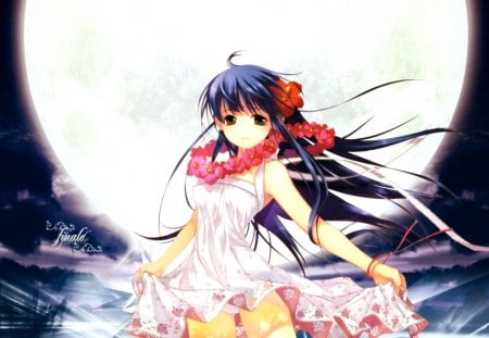 Pangya Girl - flower, cool, cute, sweet, hot, anime girl, dress, flower hair, pangya girl, panties, black hair, full moon, sexy, moon, female