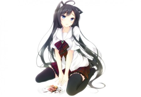 anime - girl, animal ears, blue eyes, black hair, white, anime, catgir, blush, cutel