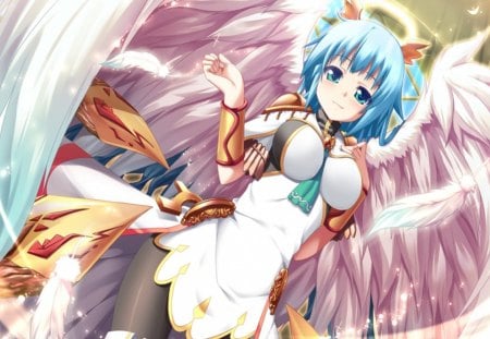 Angel - feathers wings, sexy, hot, feathers, angel, female, blue eyes, wings, anime girl, blue hair, cool, blush, smile, short hair