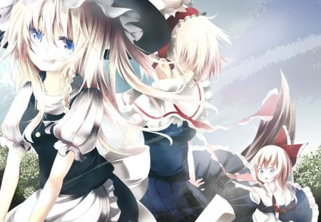 anime - blonde hair, blue eye, apron, 2girls, alice margatroid