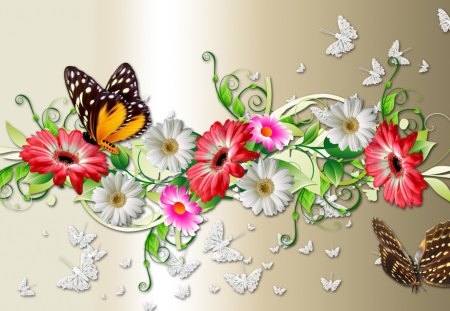 Adoring Butterflies - papillon, summer, butterflies, daisy, spring, gold, fleurs, leaves, shasta, flowers, silver, bright, butterfly, gerbera