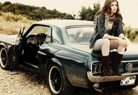 No Where To Go - 1967, girl, ford, gravel, road, model, wallpapers, vehicle, car, mustang