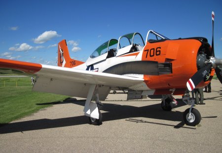 Airplane at the air show in Alberta 19 - airplane, blue, Military, orange, wheels, aircraft, black, white, sky