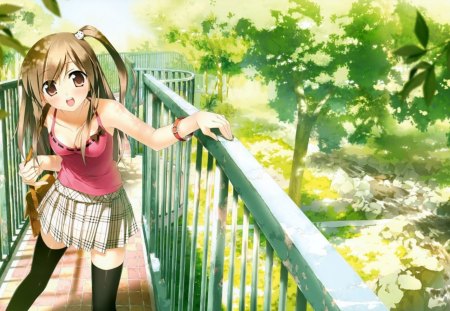 Summer - warm, anime, summer, skirt, brown, hot, eyes, hair, cute, sexy, bridge, walkway