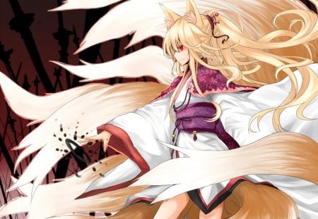 Foxgirl - tails, obi, swords, fox, foxears, girl, blonde, kimono, yukata, magick, blades, hoshino yuu