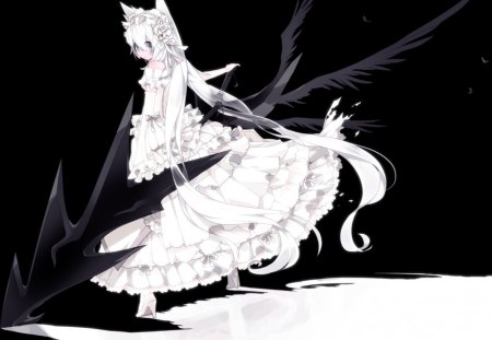 Mizushirazu - girl, wings, white dress, nekomimi, black, spear, weapon, headress, cute, white hair