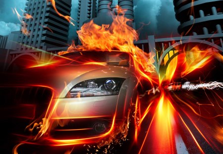 Hot Rod In Fire City - fire city, hot rod, fire, car on fire, city on fire, hot rod in fire city