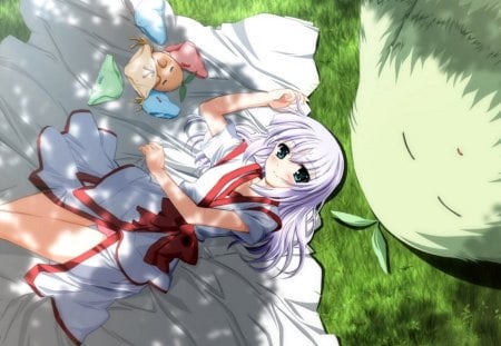 lying on the grass - anime, anime wallpaper, girls, anime girls