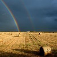 Double Rainbow over a Hayfield