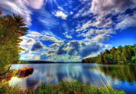 Artist sky - reflections, sky, trees, clouds, blue, water